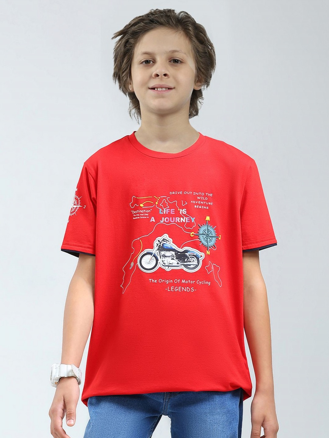 Monte Carlo Boys Biker Printed Round Neck Short Sleeves CottonT-shirt