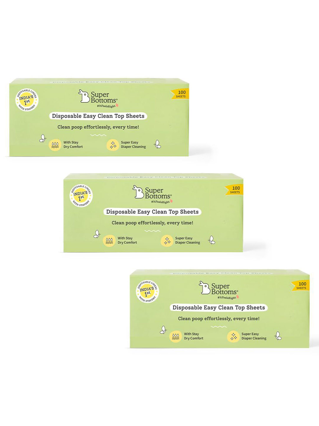 SuperBottoms Kids Set Of 3 Disposable Easy Clean Top Sheets Diaper Liners - 100 Pcs Each