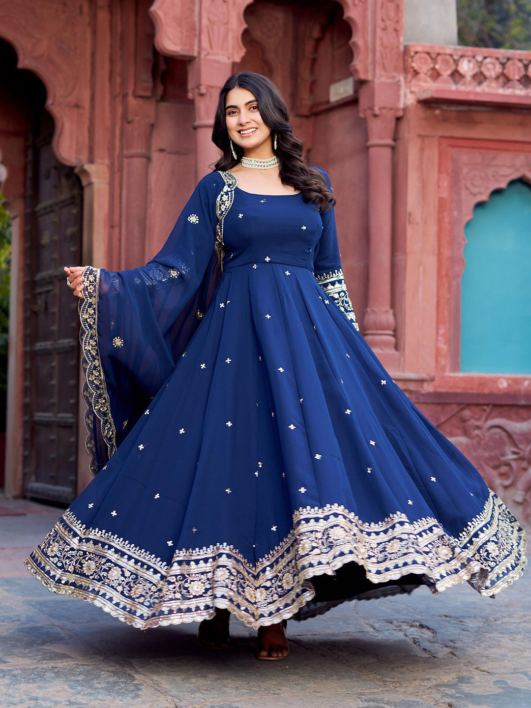 Panzora Embroidered Square Neck Sequinned Anarkali Kurta With Trousers And Dupatta