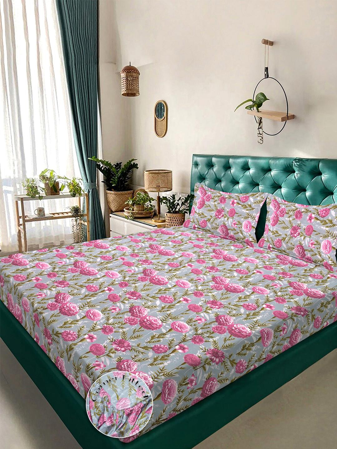 KLOTTHE Pink Floral  Bedsheet with 2 Pillow Covers