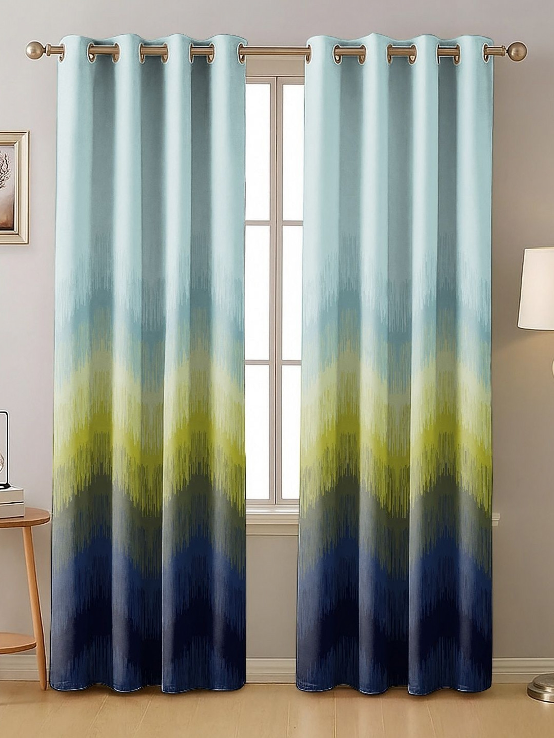 Nefertiti Home Blue & Green 2 Pieces Geometric Black Out Long Door Curtains