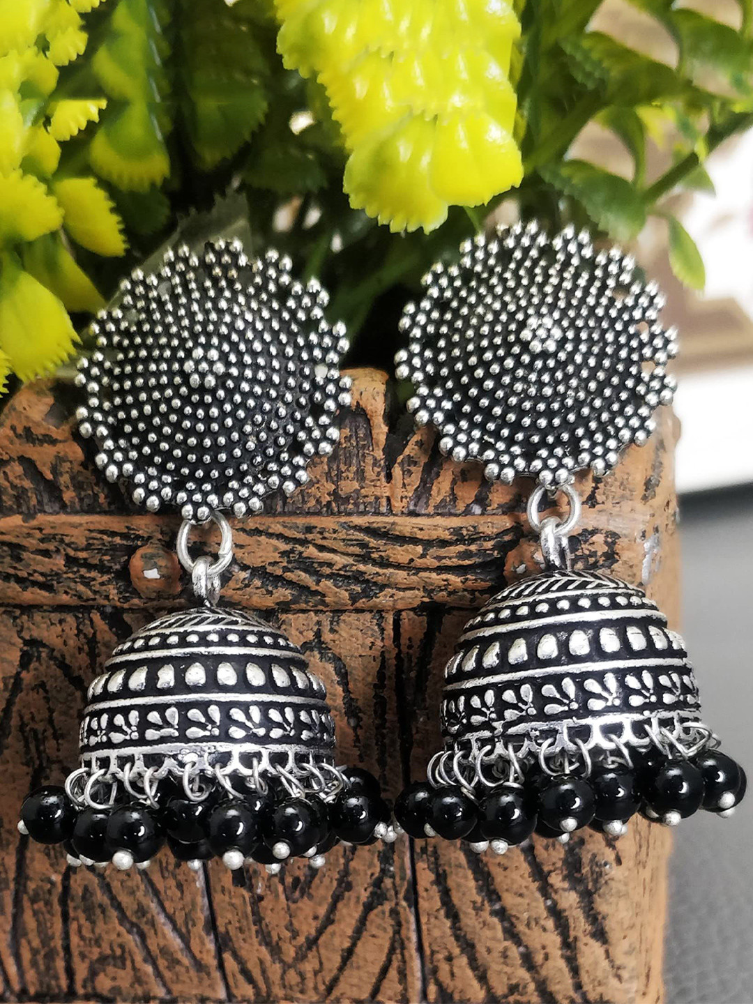JEWELOPIA Silver-Plated Dome Shaped Oxidised Jhumkas