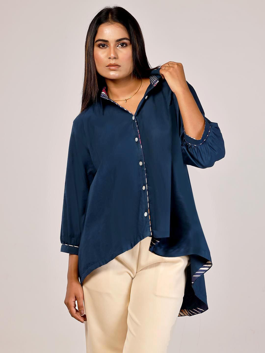 Bunosilo lines in bloom Women Puff Sleeve Cotton High-Low Shirt Style Top