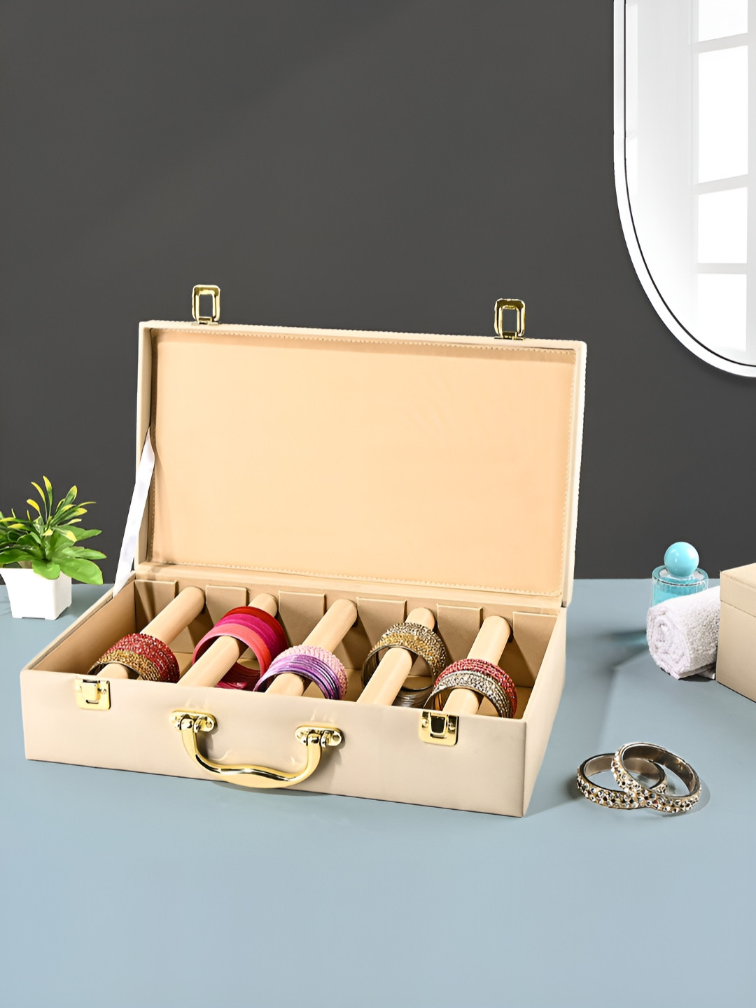 RUBOXA Beige 5 Rod Premium Faux Leather Bangles Box With Handle Jewellery Organisers