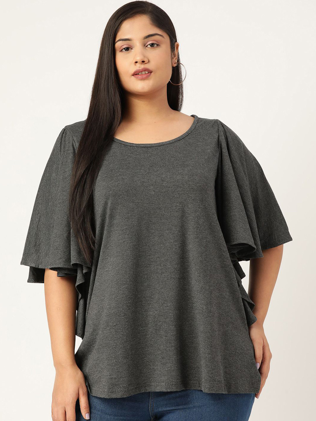 theRebelinme Women Plus Size Solid Flutter Sleeve Top