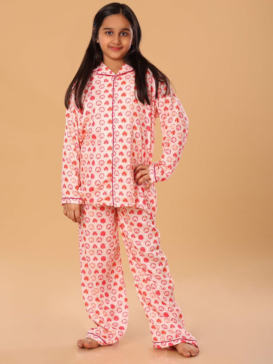 The Mini Trunk Pink Heartshaped Printed Night Suit