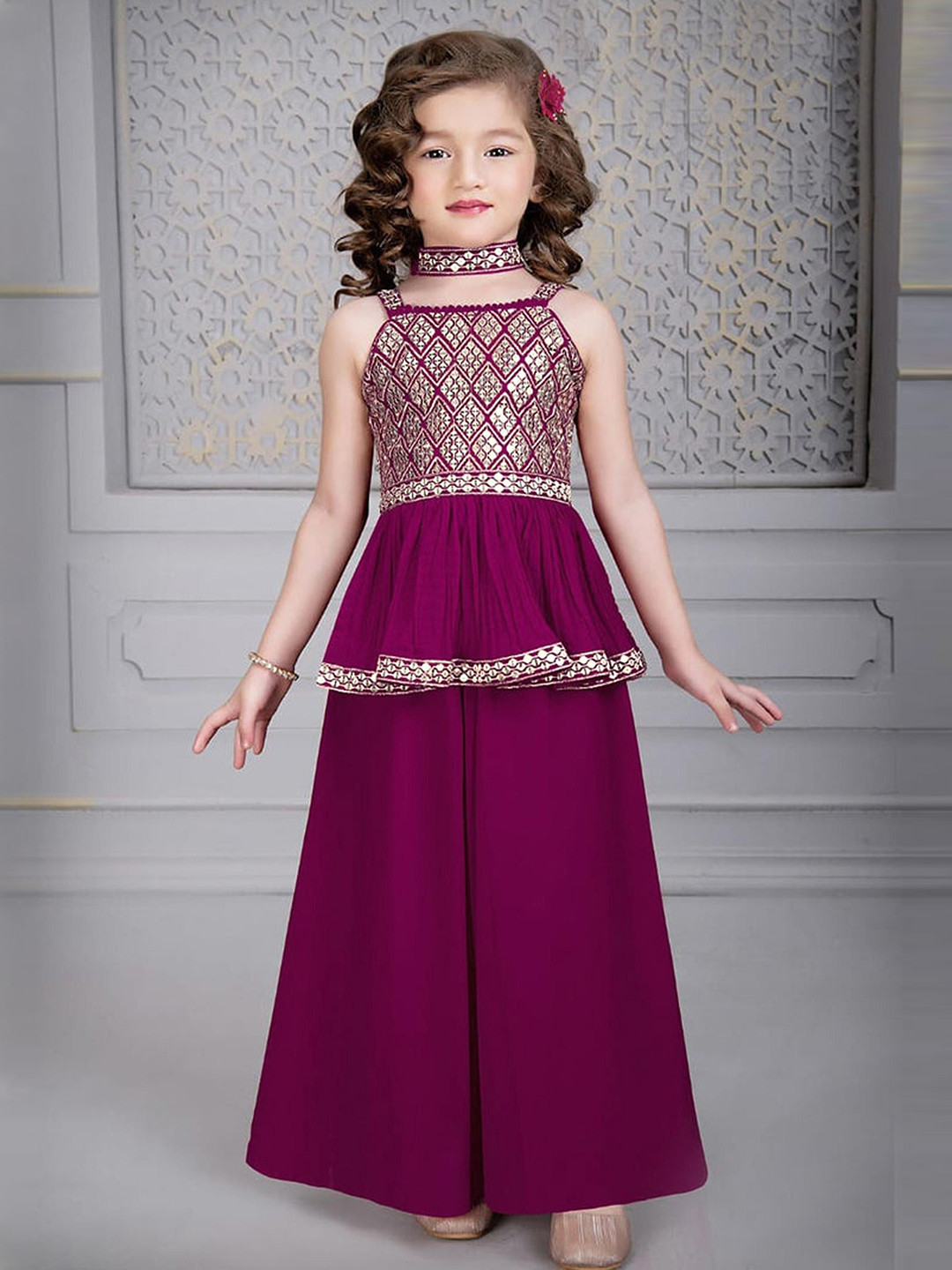 Tulsi Creation Girls Embroidered Empire Sequinned Kurta with Palazzos & Dupatta