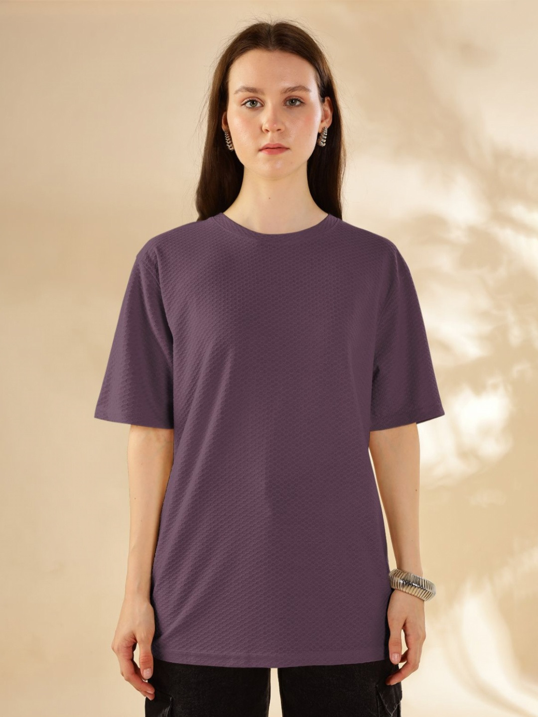 HELLCAT Self Design Round Neck Drop Shoulder Sleeves Oversized T-Shirt