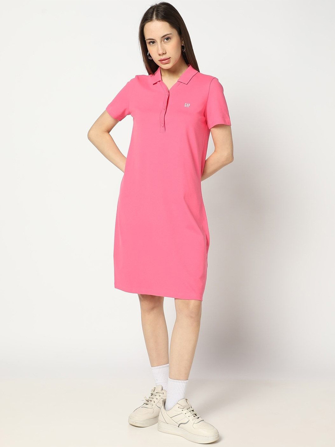 GAP Women Polo Neck Pure Cotton Midi Dress with Brand Logo Embroidered