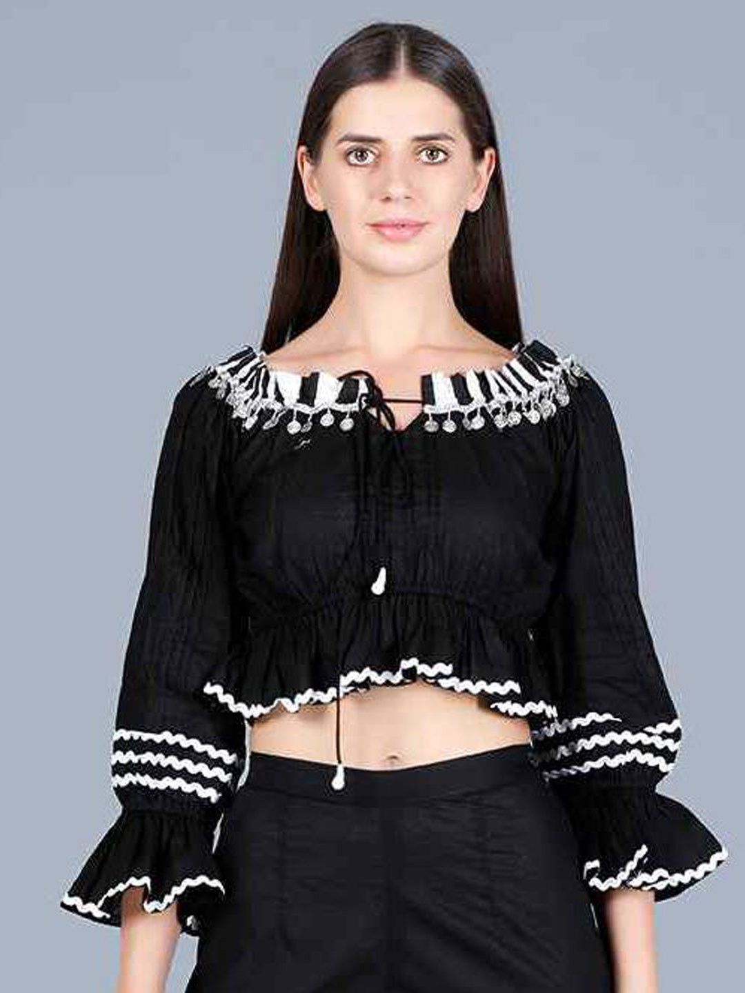 Gulabo by Abu Sandeep Women Self Design Tie-Up Bell Sleeve Crop Top