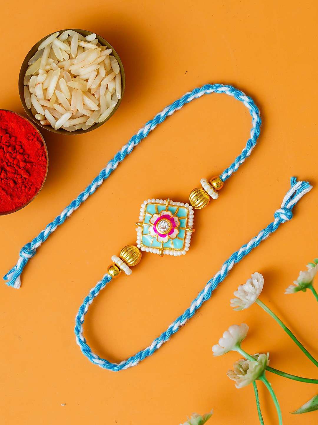 ahoora Kundan Studded & Pearls Beaded Thread Rakhi With Chawal & Kumkum