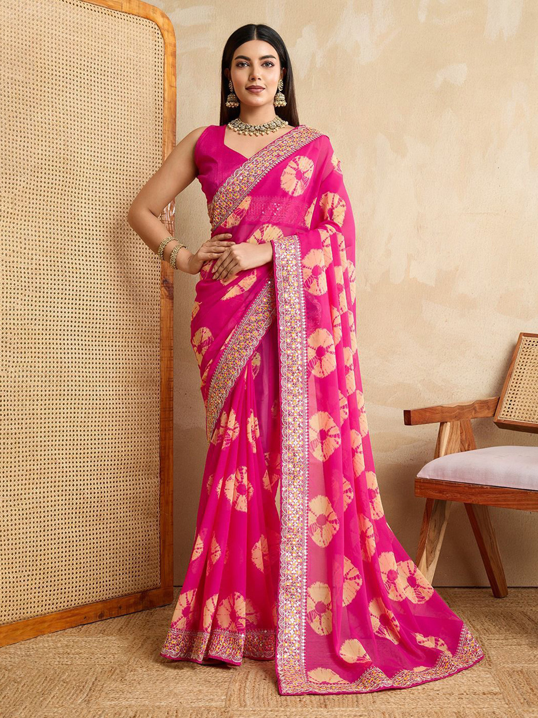 VenderVilla Bandhani Printed Embroidered Border Pure Georgette Saree