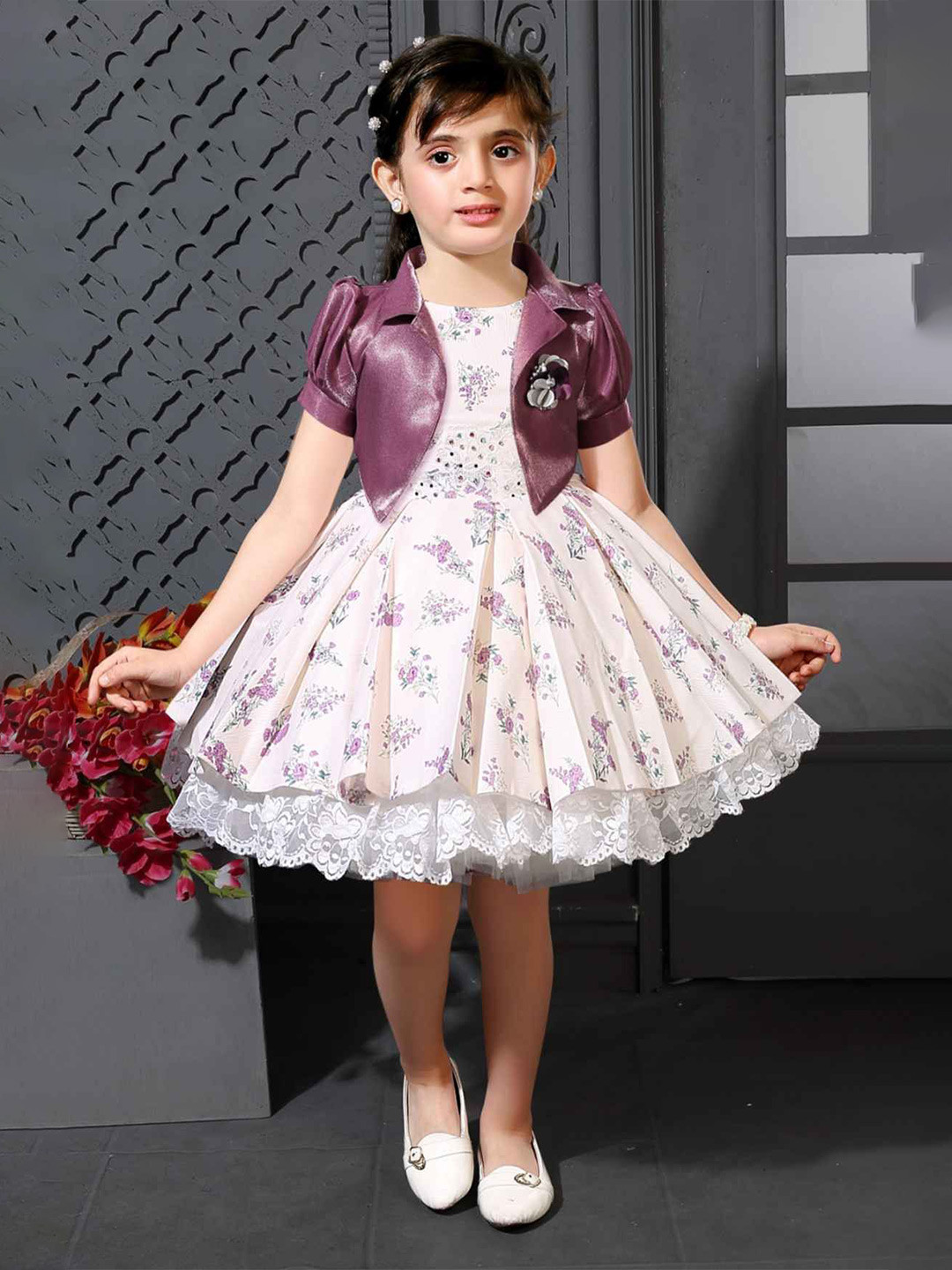 Lagorii Girls Floral Print Georgette Fit & Flare Dress Puffed Sleeves Overcoat