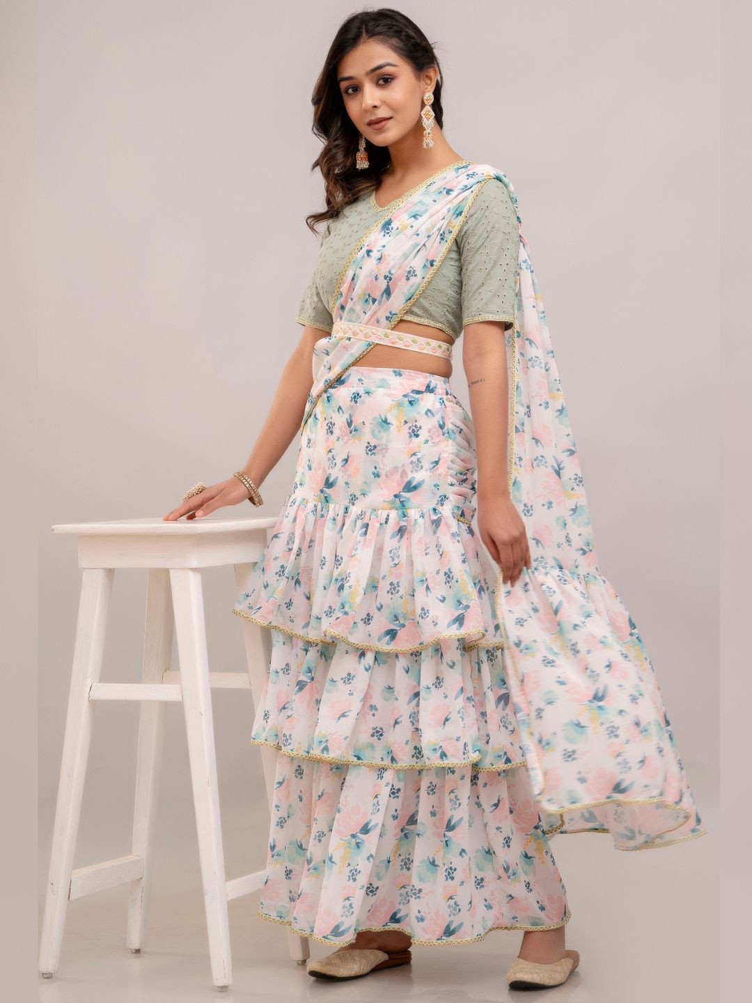 HERE&NOW Ethnic Motifs Print Embroidered Border Ruffles Pure Georgette Block Print Saree