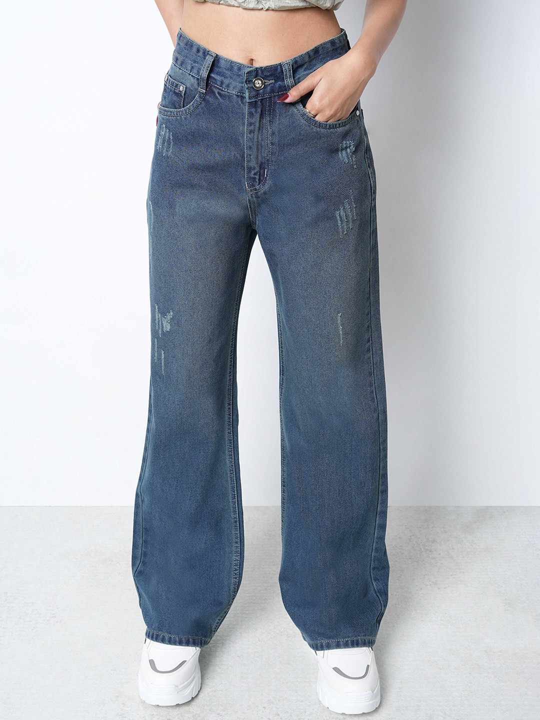 ZUYA Women Wide Leg Non Stretch Scratch Jeans