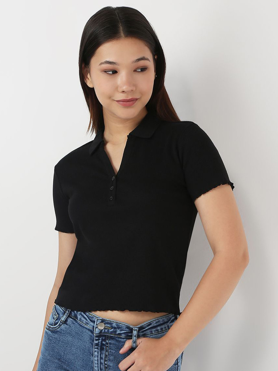 Kraus Jeans Polo Collar Short Sleeves Crop Length Slim Fit Casual T-Shirt
