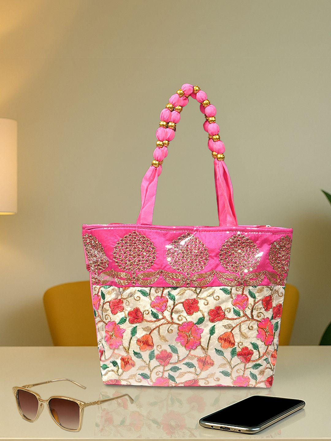 Kuber Industries Floral Embroidered Laminated Shopper Shoulder Bag