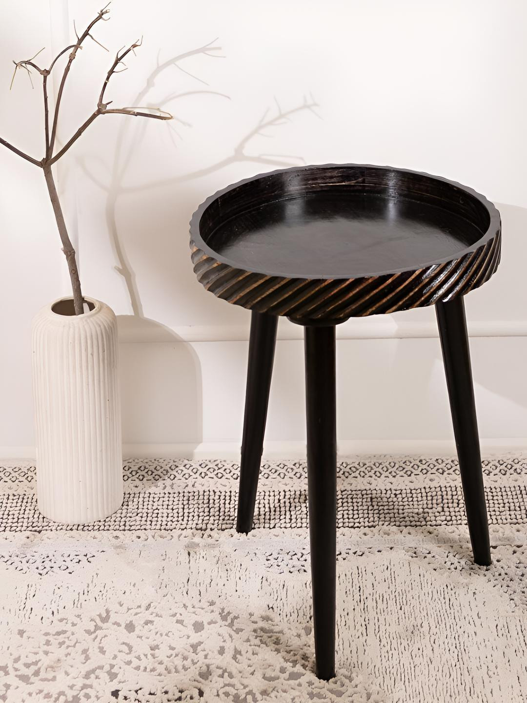 THREADVIBE LIVING Charcoal & Yellow Printed Mango Wood Round Shape End Table