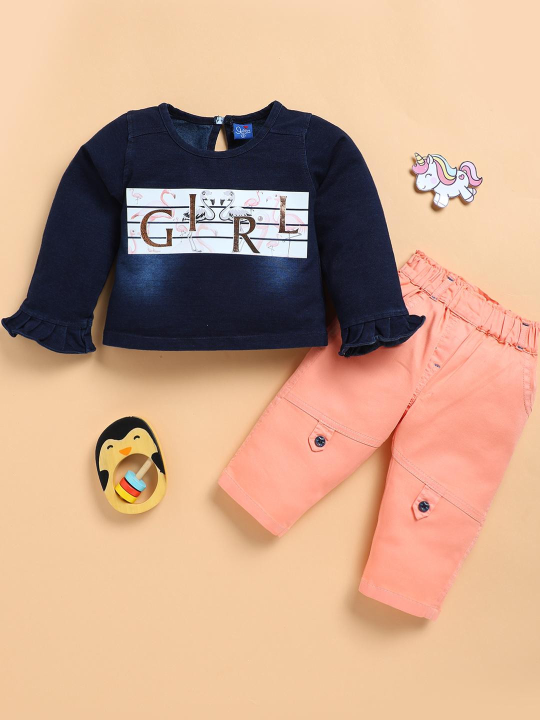 I LOVE MOM Kids Girls Floral Printed Denim Top & Trousers Set