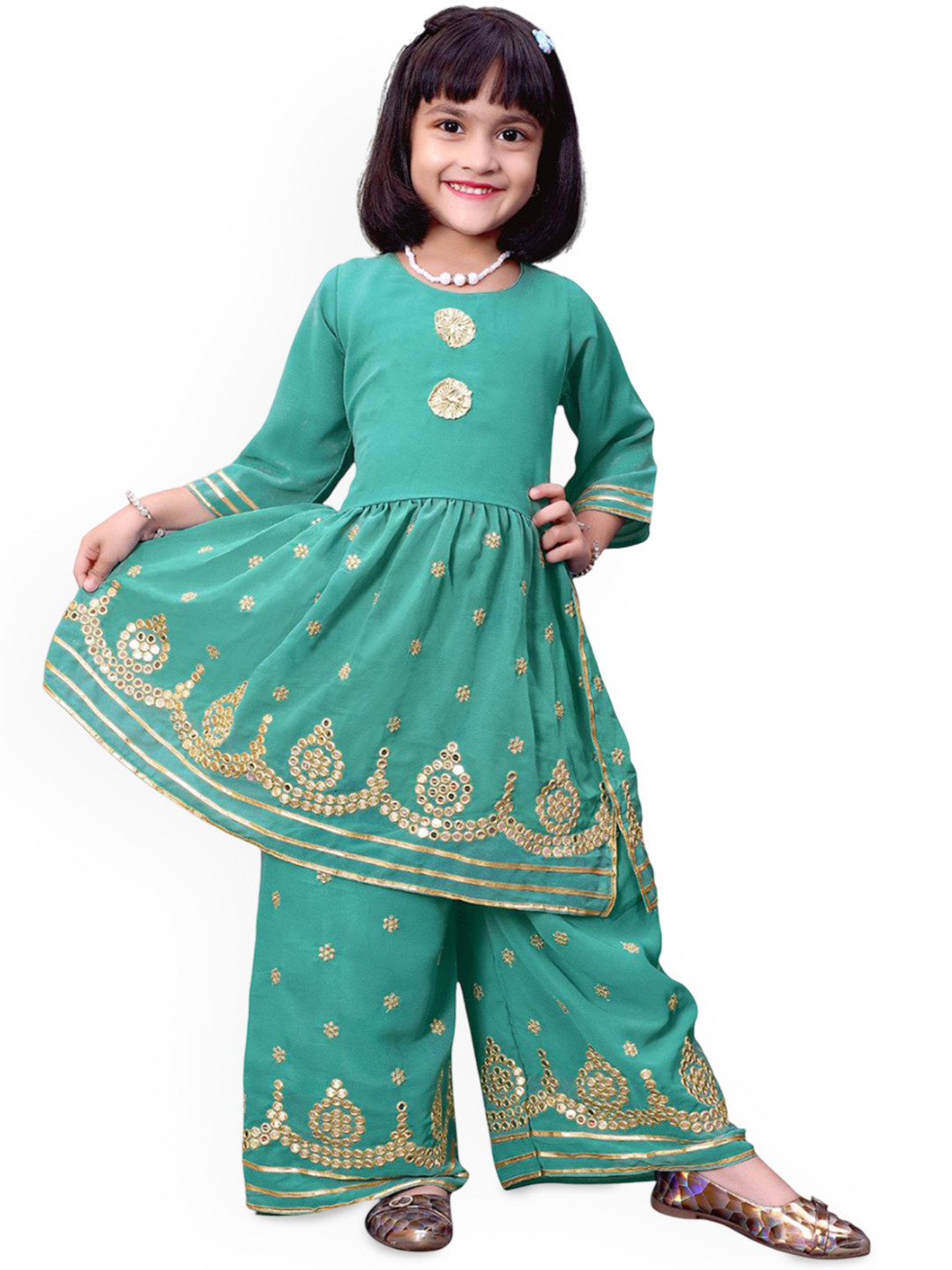 Girls Woven Design Ethnic Kurta with Palazzos