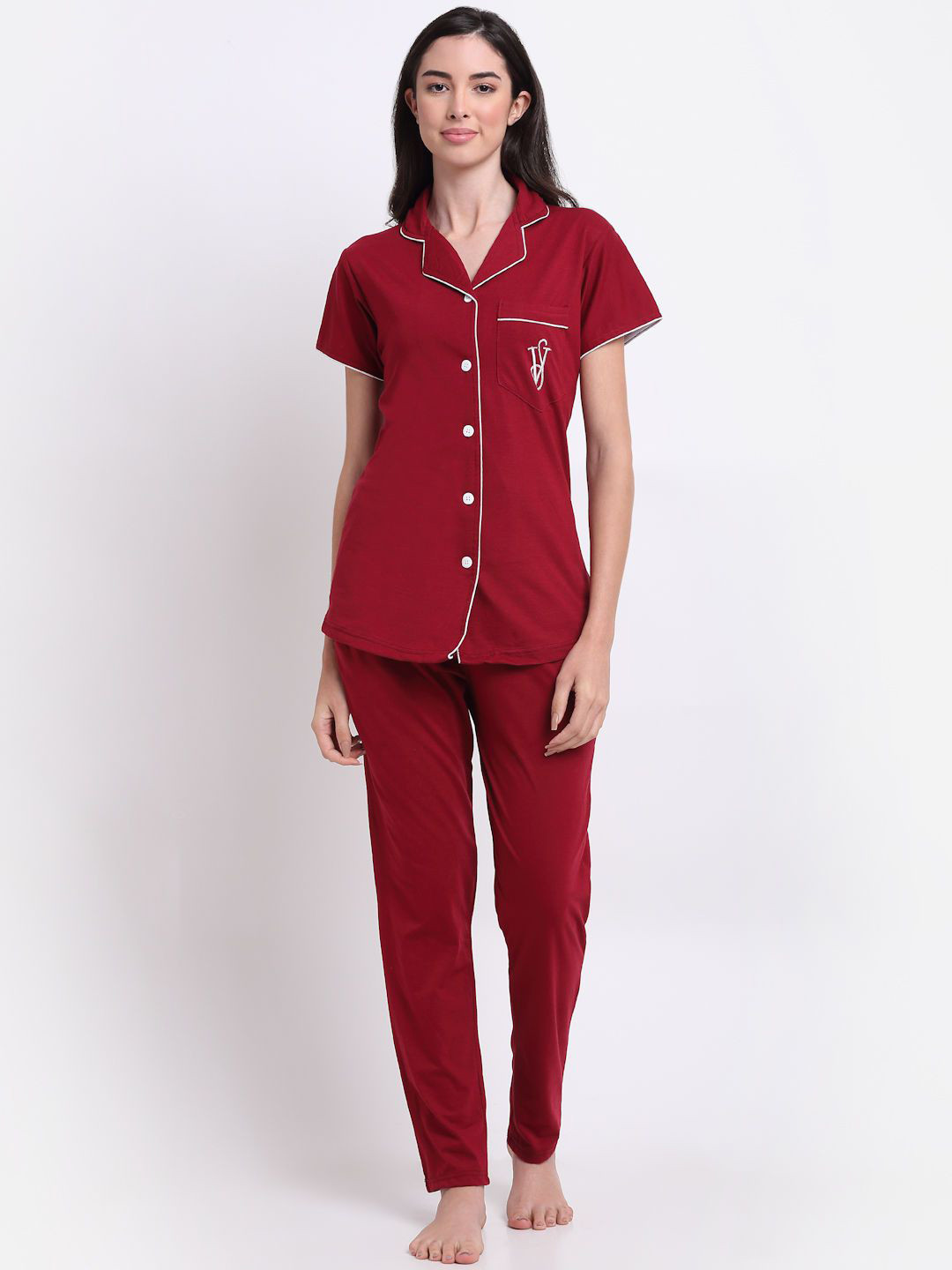 Secret Wish Women Lapel Collar Pure Cotton Shirt & Pyjamas Night suit