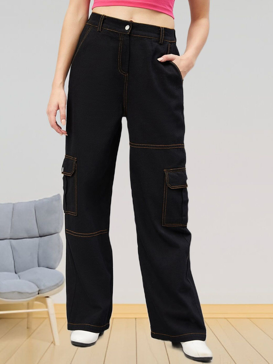all about you Women Flared High-Rise Non Stretchable Cotton Cargo Styles Jeans