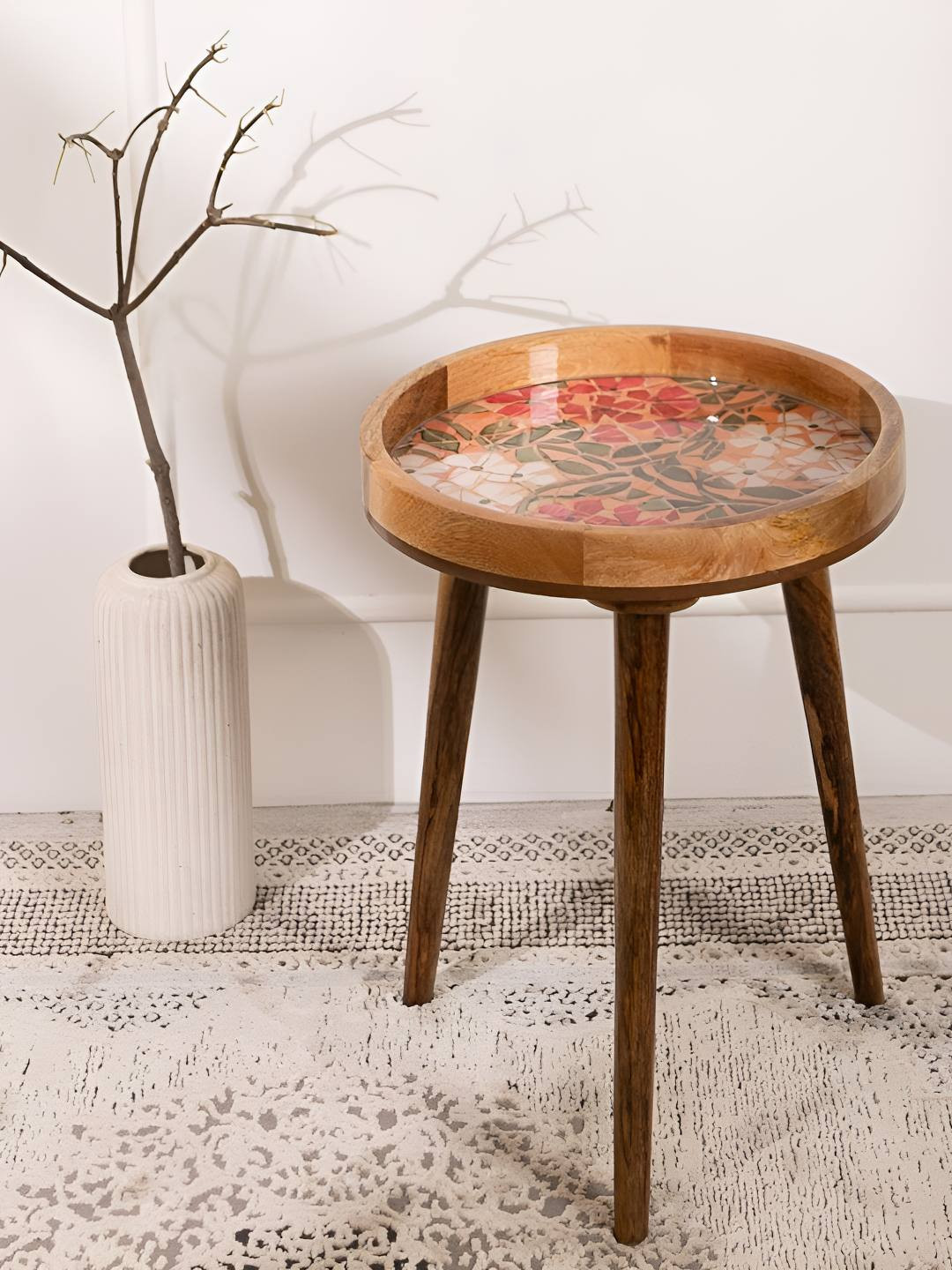 THREADVIBE LIVING Orange-Colored & Brown Mosaic Printed Mango Wood Round Shape End Table