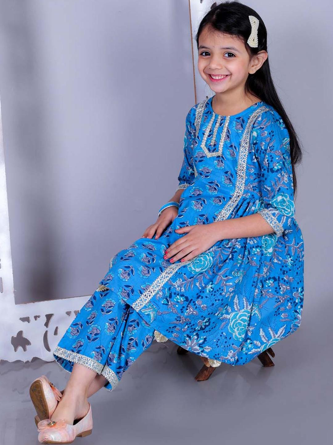 FabJunior Girls Floral Printed Panelled Kurta with Trousers