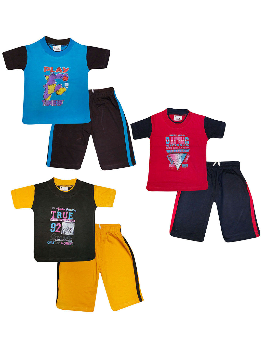 Jisha Boys Pack Of 3 Printed Short Sleeves Pure Cotton T-shirt With Shorts