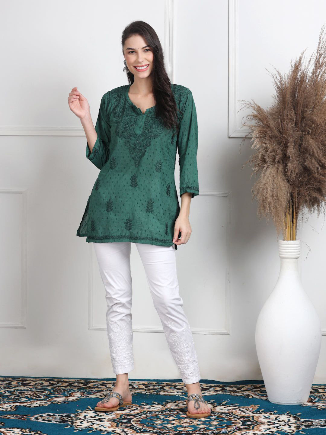MALABIS Ethnic Motifs Embroidered Chikankari Pure Cotton Kurti