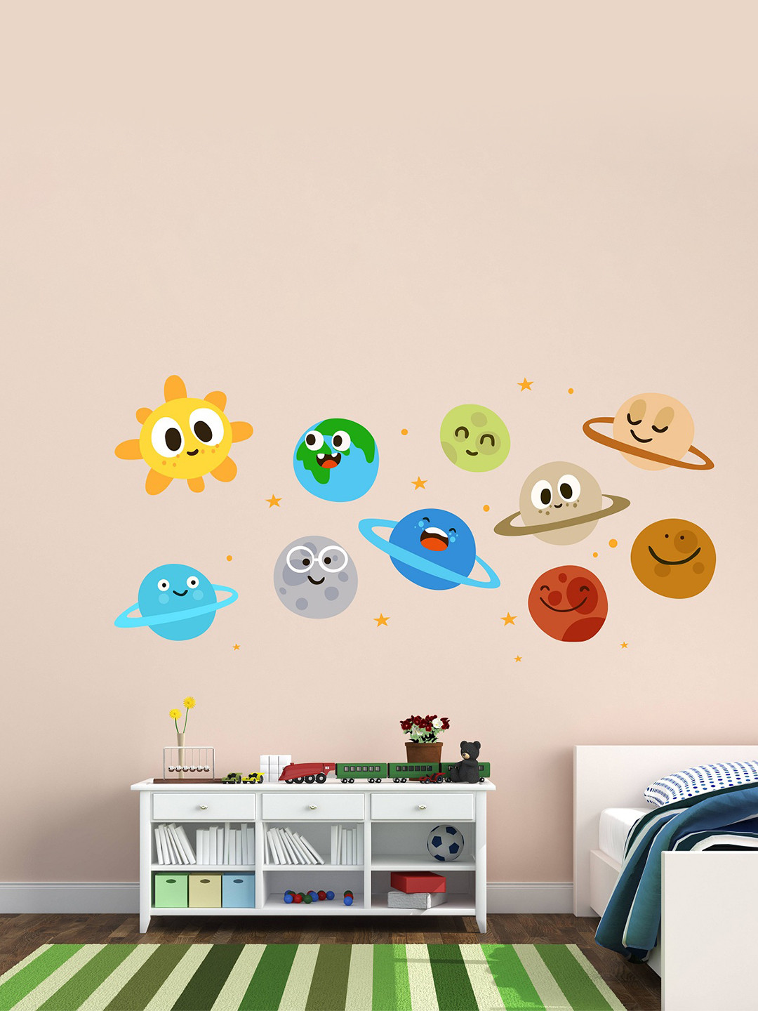 LANSTICK Brown & Blue Printed Solar Planet For Kids Wall Sticker