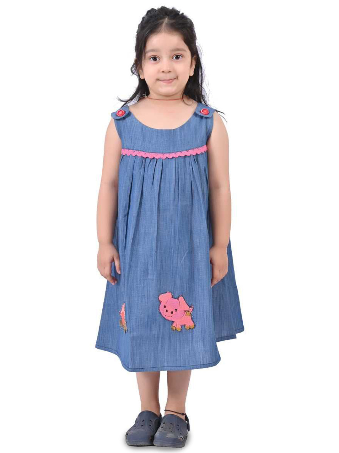 Cloth Bites Girls Cotton Animal Embroidered Denim Fit and Flare Dress