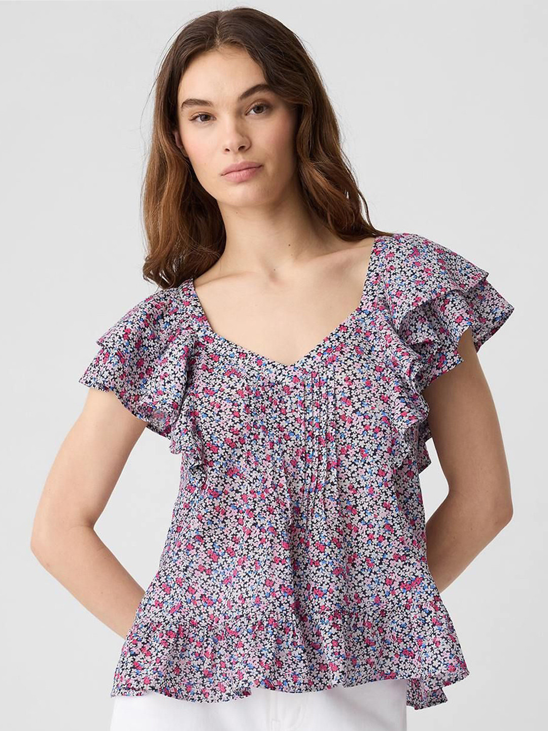 GAP Pintuck Women Floral Printed Flutter Sleeves Pure Cotton Regular Top