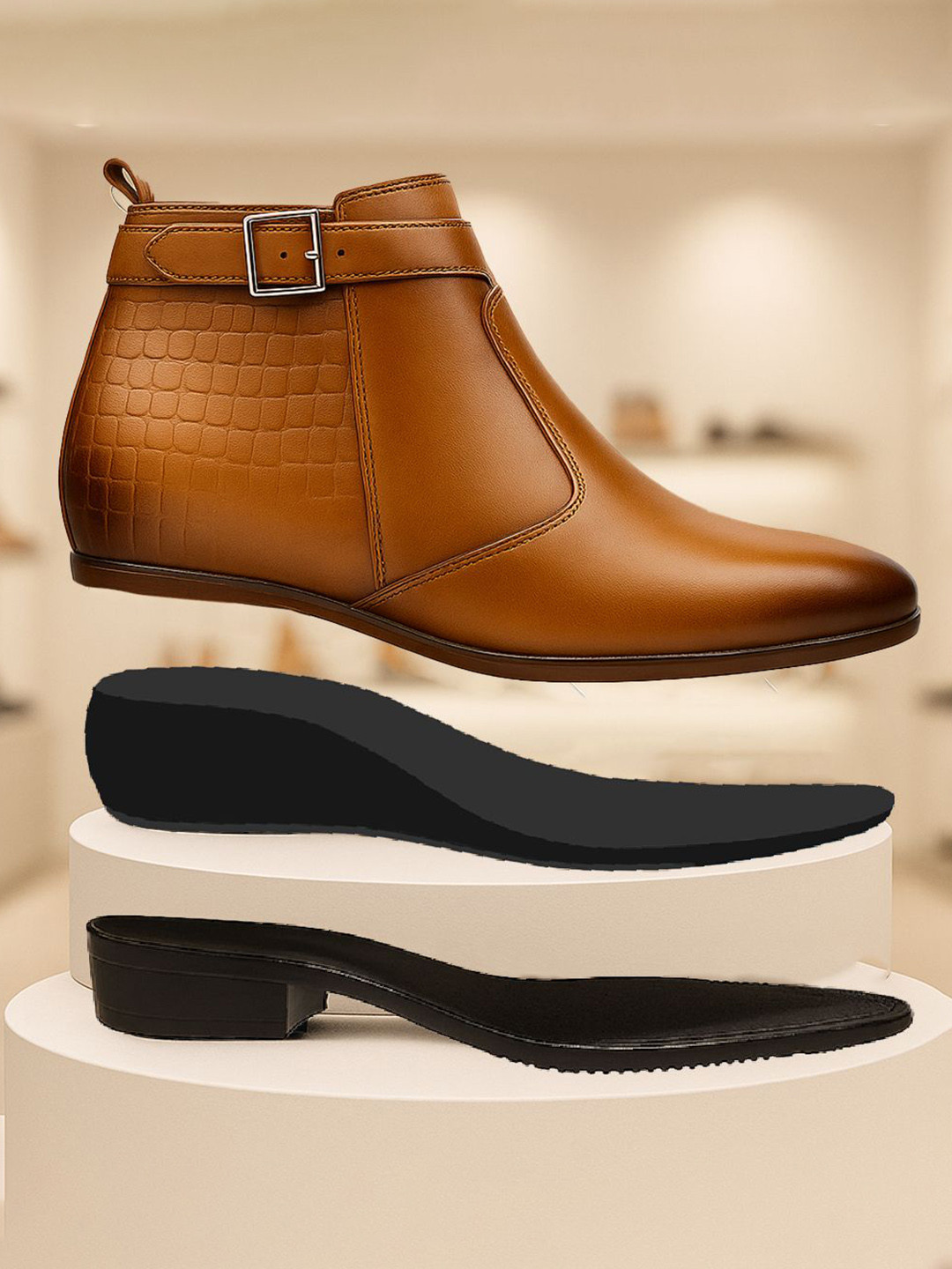 Bxxy Men 9 Cm Hidden Height Increasing Block-Heeled Buckle And Zip Party Boot