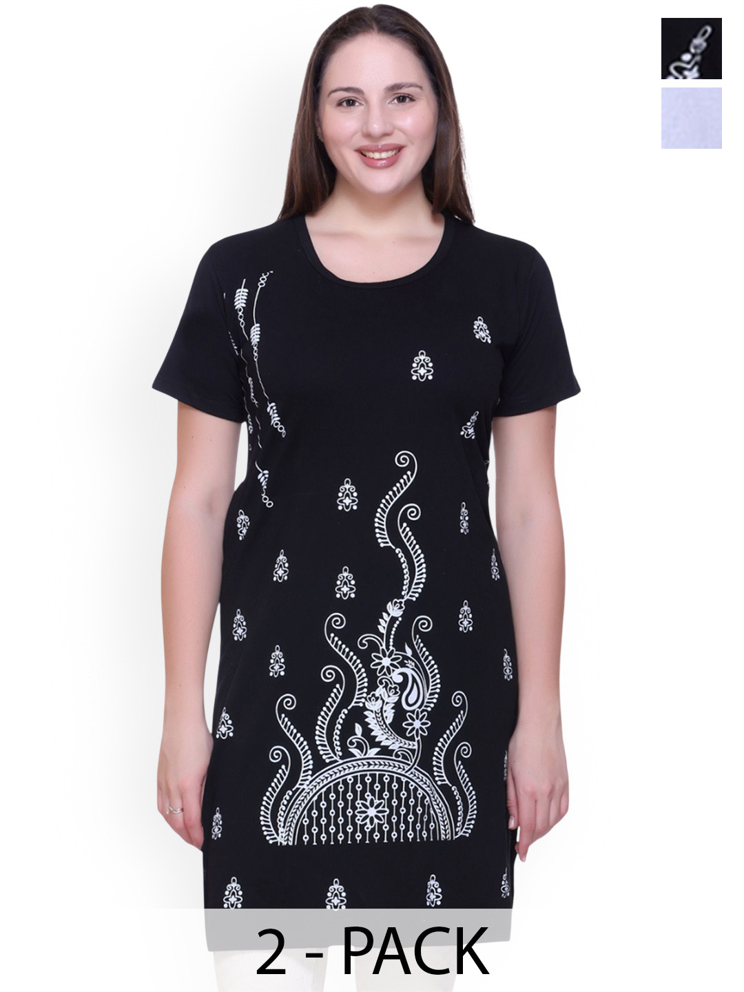 FIRST SLEEP Pack Of 2 Printed Oversized Pure Cotton Long T-shirt