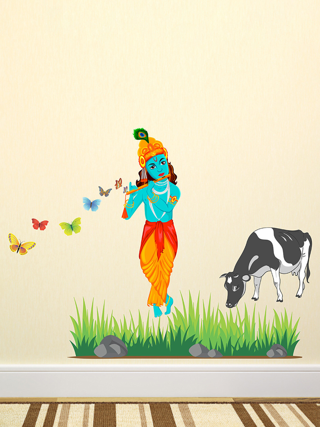 LANSTICK Yellow & Blue Printed God Krishna With Cow Wall Sticker