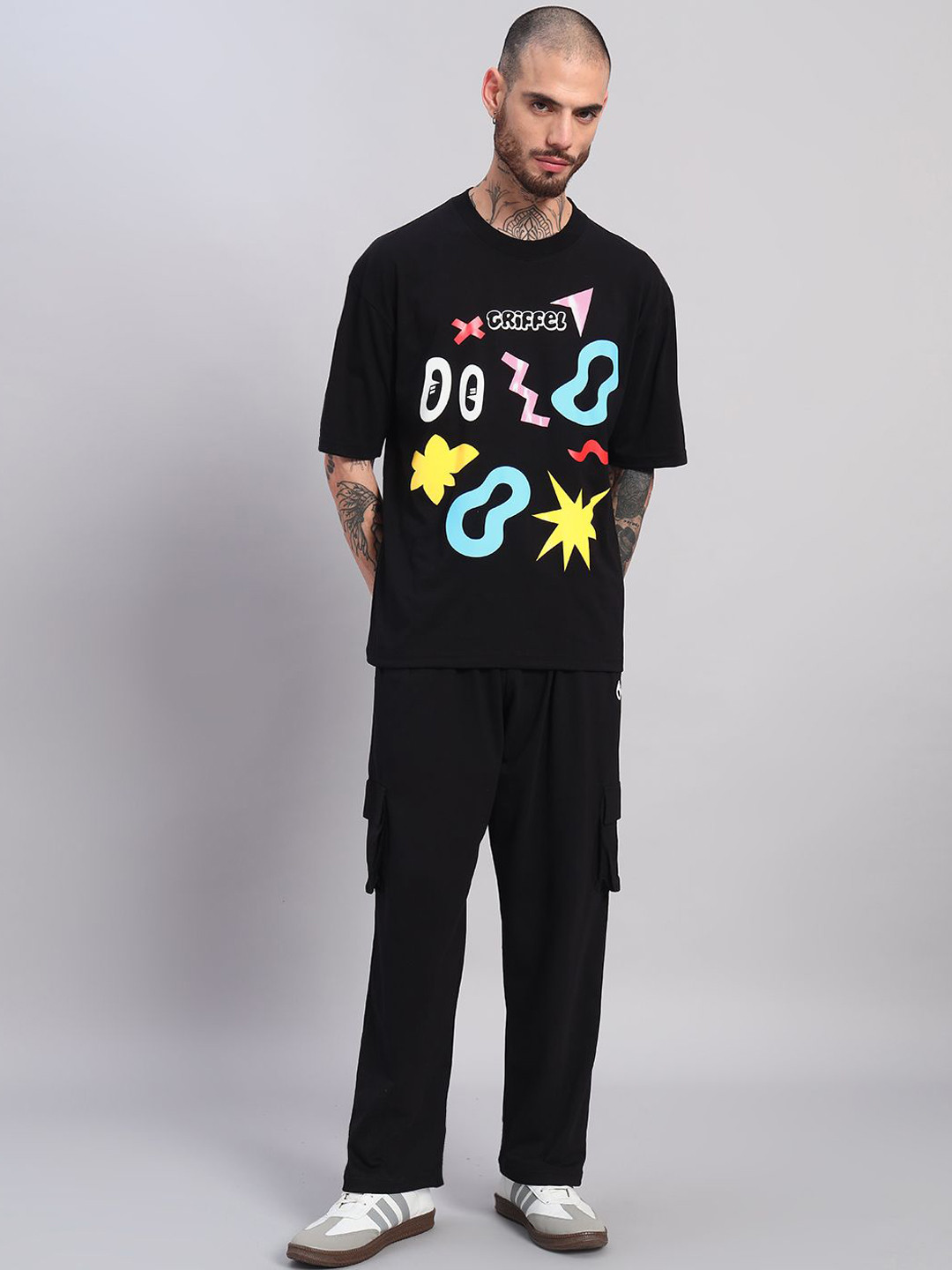 GRIFFEL Self-Design Pure Cotton T-Shirt & Track Pants Co-Ord Set