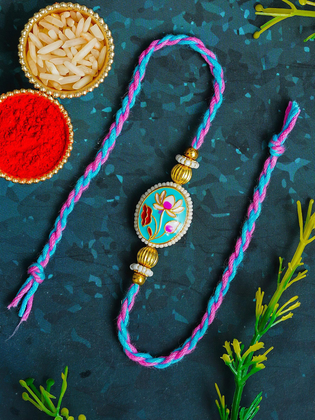 ahoora Kundan Studded & Pearls Beaded Thread Rakhi Chawal & Kumkum