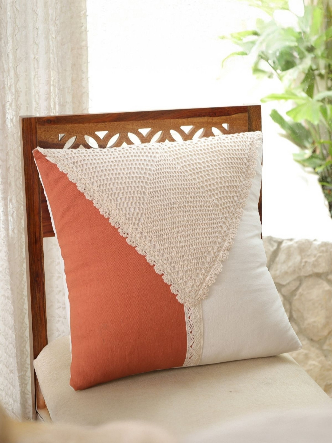 Peepul Tree Rust & Off White Colourblocked Crochet Square Cotton Cushion Cover
