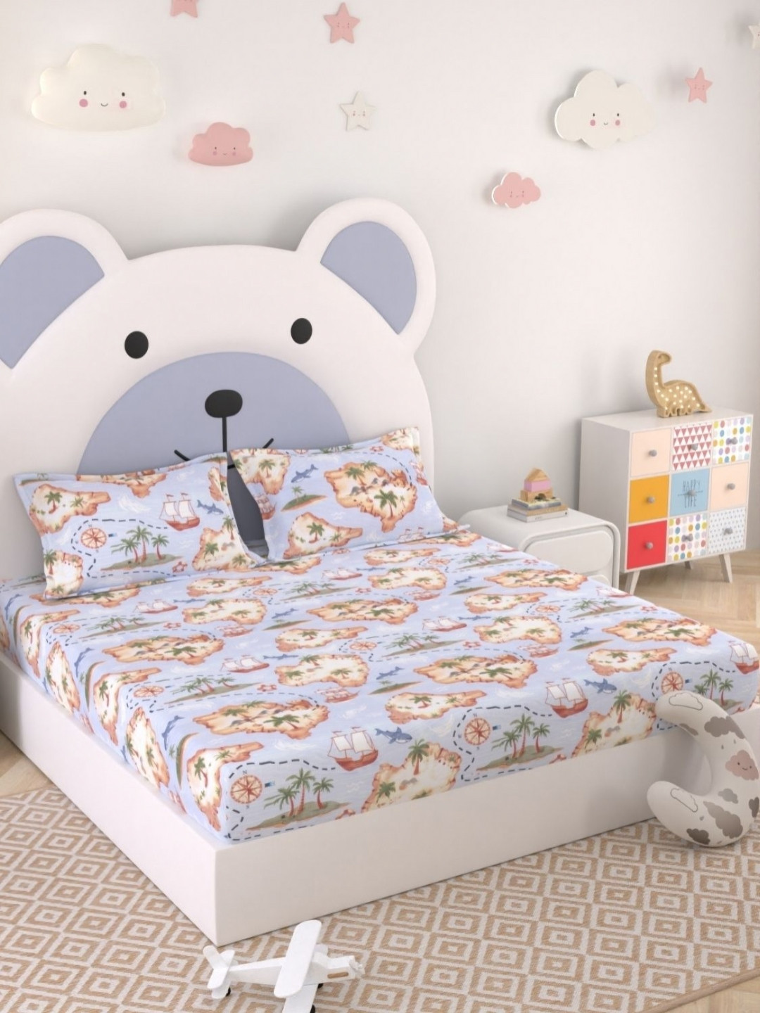 Pure Decor Kids Blue Cartoon Characters Cotton 250TC Double Queen Bedsheet Set-2.28mX2.54m