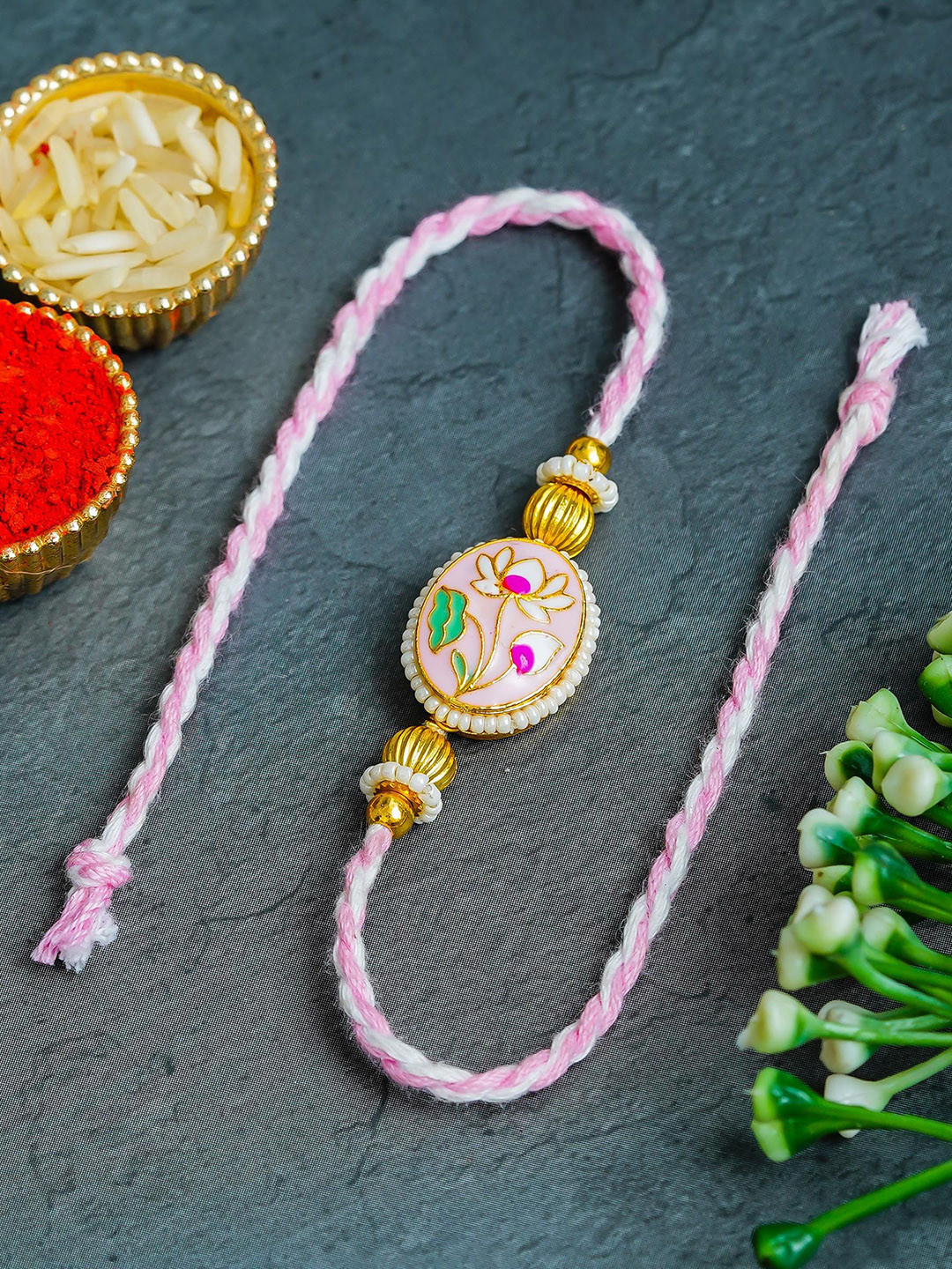 ahoora Kundan Studded & Pearls Beaded Thread Rakhi Chawal & Kumkum