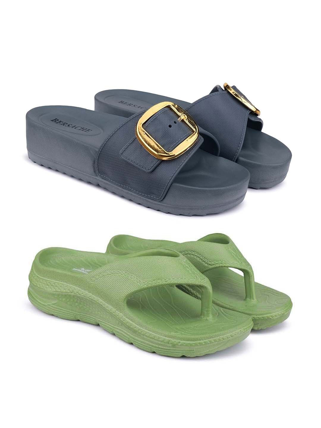 BERSACHE Women Pack Of 2 Pair Thong Flip-Flops & Sliders With Buckles