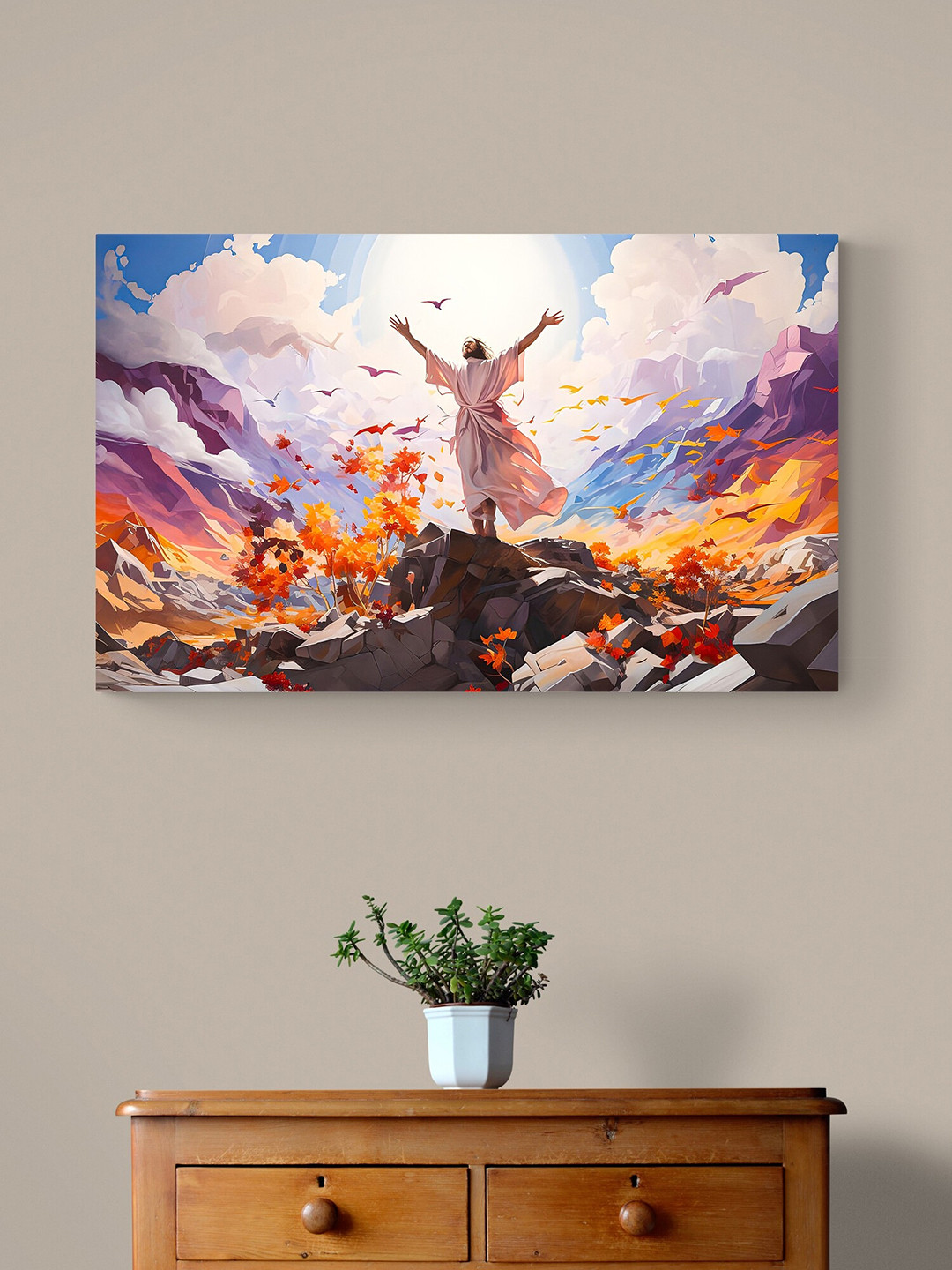 Tushaco Handicrafts Blue & Orange Jesus Religious Canvas Wall Art