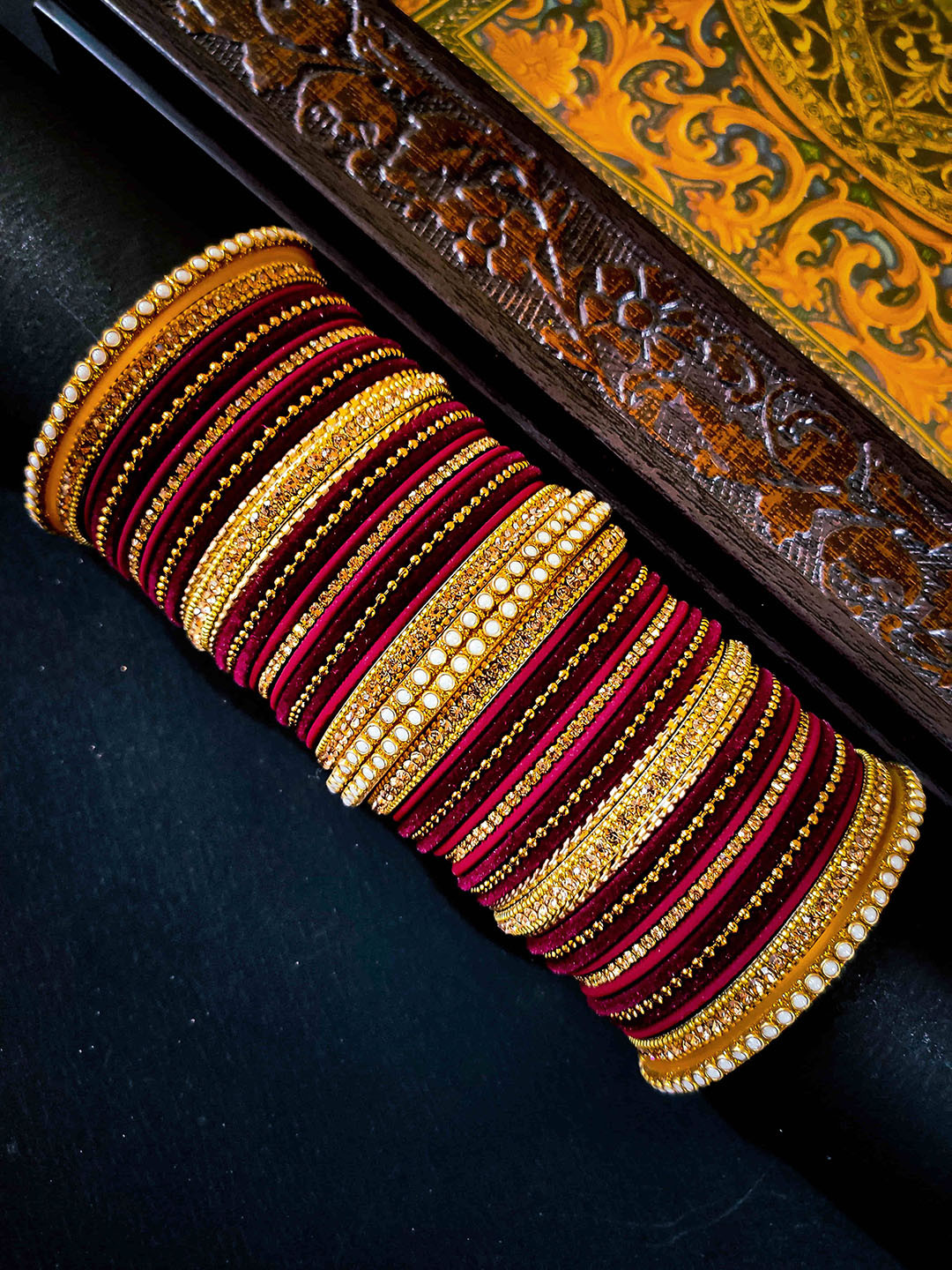 Amika Set Of 50 Gold-Plated Stone-Studded & Beaded Bangles