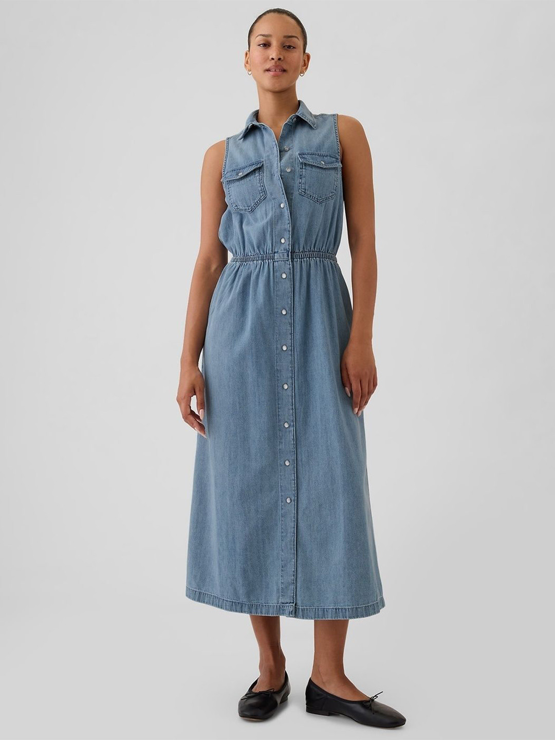 GAP Shirt Collar Cotton Denim Midi Dress
