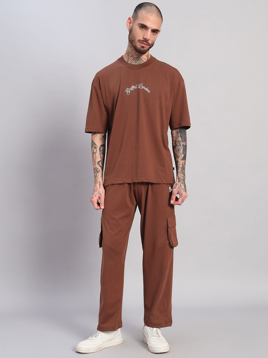 GRIFFEL Self-Design Pure Cotton T-Shirt & Track Pants Co-Ord Set