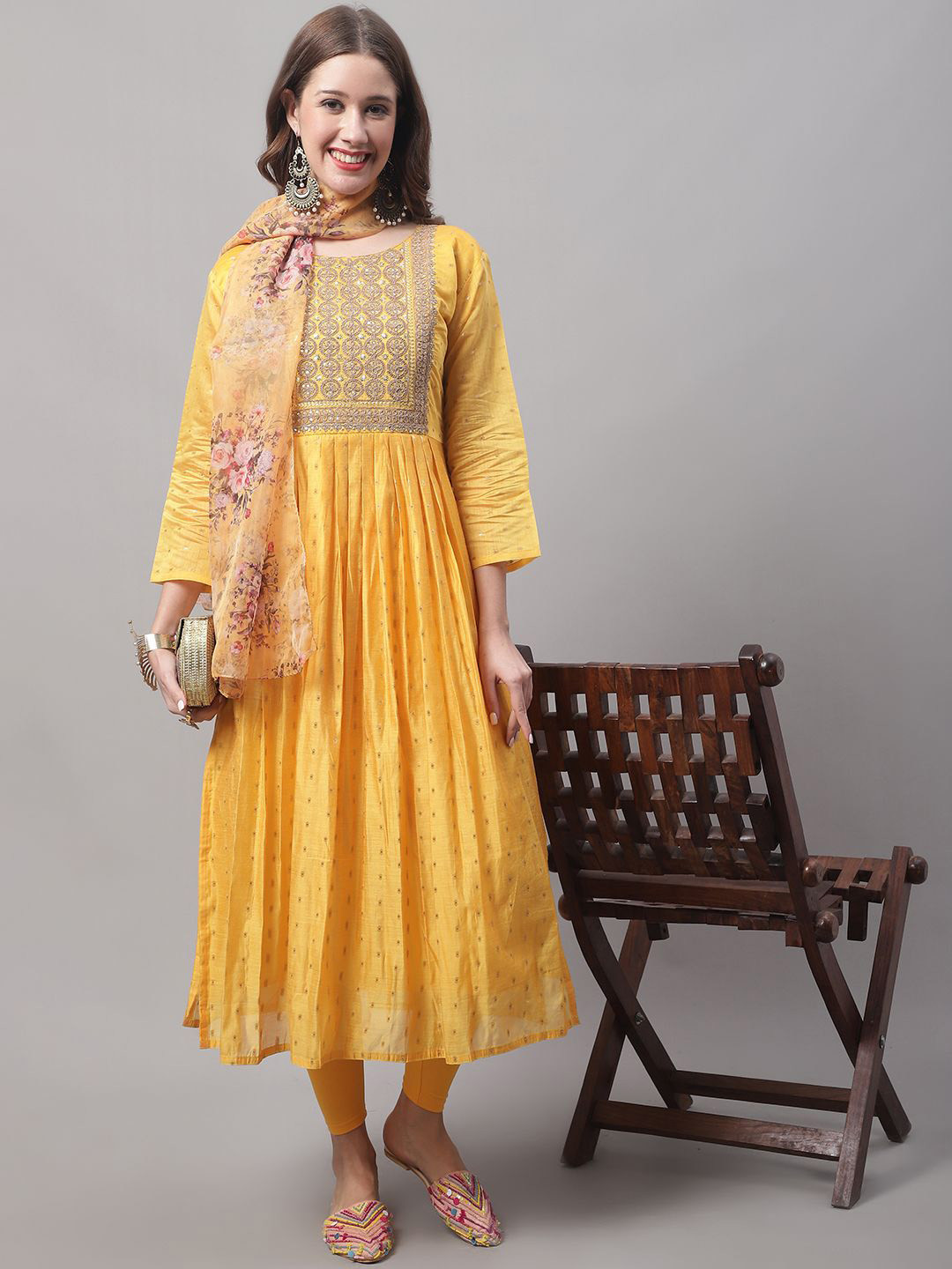 VredeVogel Floral Woven Design A-Line Chanderi Silk Kurta With Leggings & Dupatta