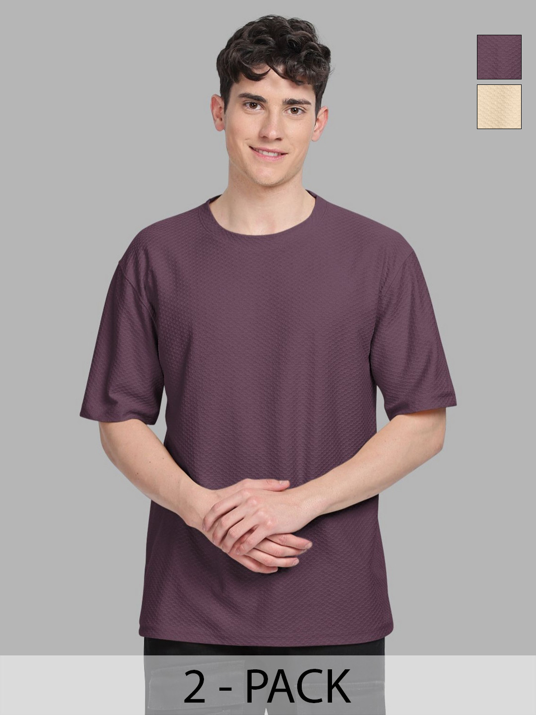 BULLMER Men Pack of 2 Self Design Round Neck Oversized T-shirts