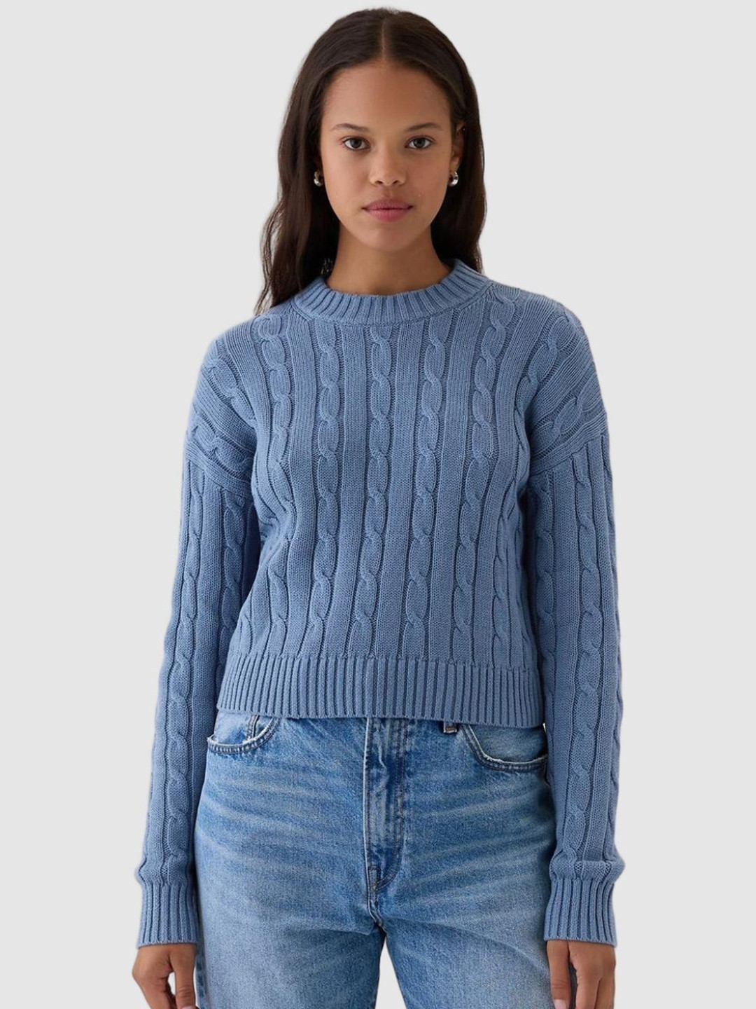 GAP Women Self Design Round Neck Cable Knit Cropped Sweaters