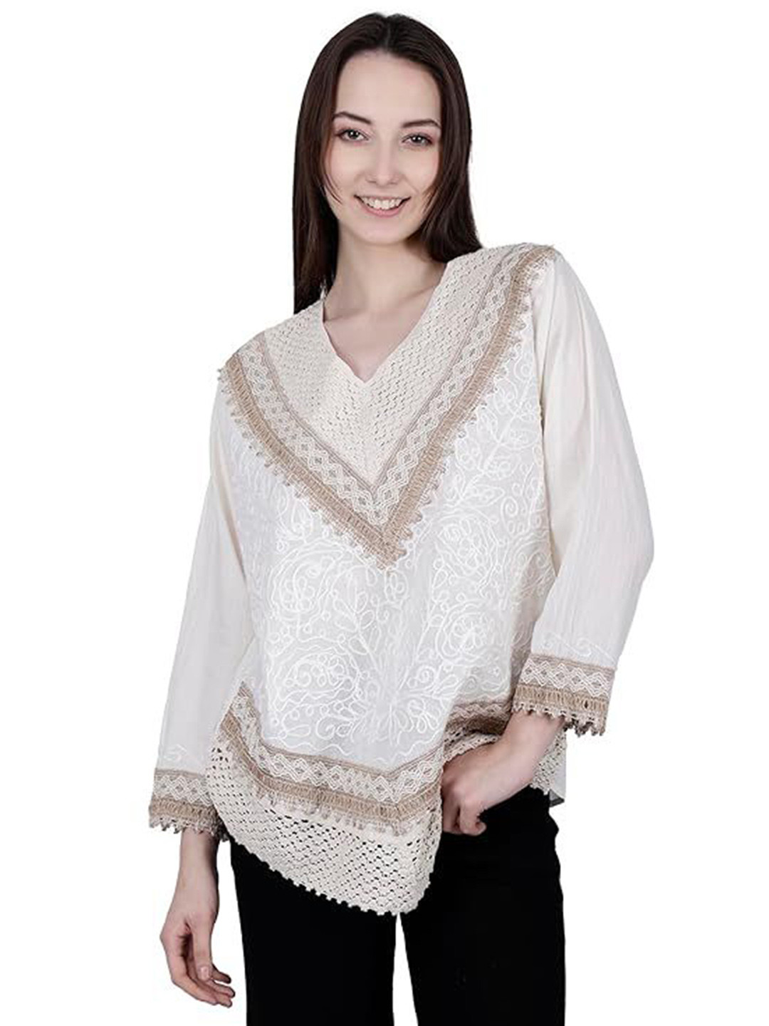 UKAL Women Print Ethnic Lace Longline A-Line Top